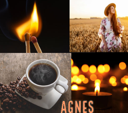 agnes moodboard: black coffee, candles, matches, a girl in a sundress