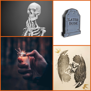 Lup moodboard: a lighter, a skeleton, a lino cut print of two ravens, and a pin shaped like a gravestone with an epitaph saying 'later dude'
